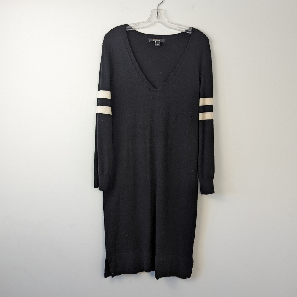 Forever 21 Contemporary V-Neck Knit Dress - Size M, Black with White Stripes